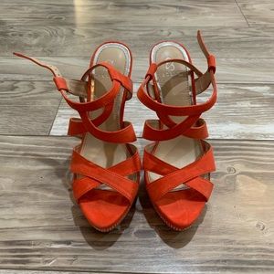 Orange sandal heels with rhinestone detail